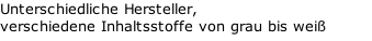 Unterschiedliche Hersteller,  verschiedene Inhaltsstoffe von grau bis weiß